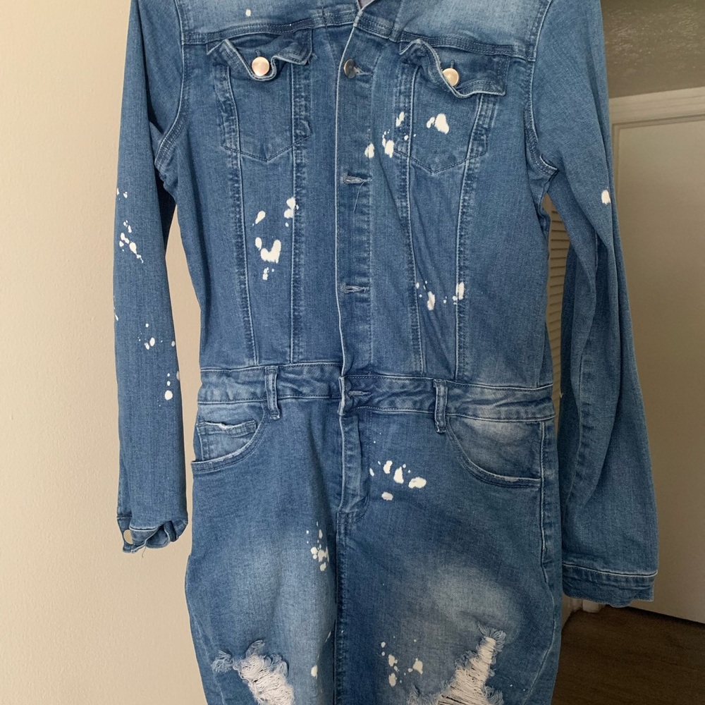 Blue Denim Jumpsuit with White Splatter